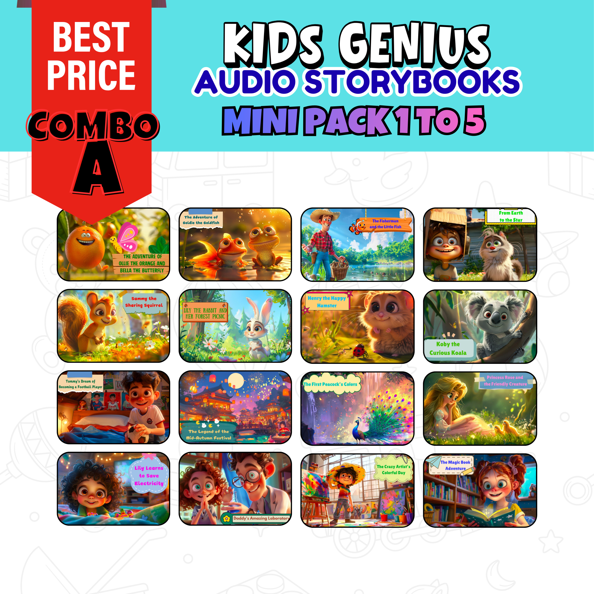 Promotional image for Kids Genius Audio Storybooks Mini Pack 1 to 5 with cartoon characters and colorful design.